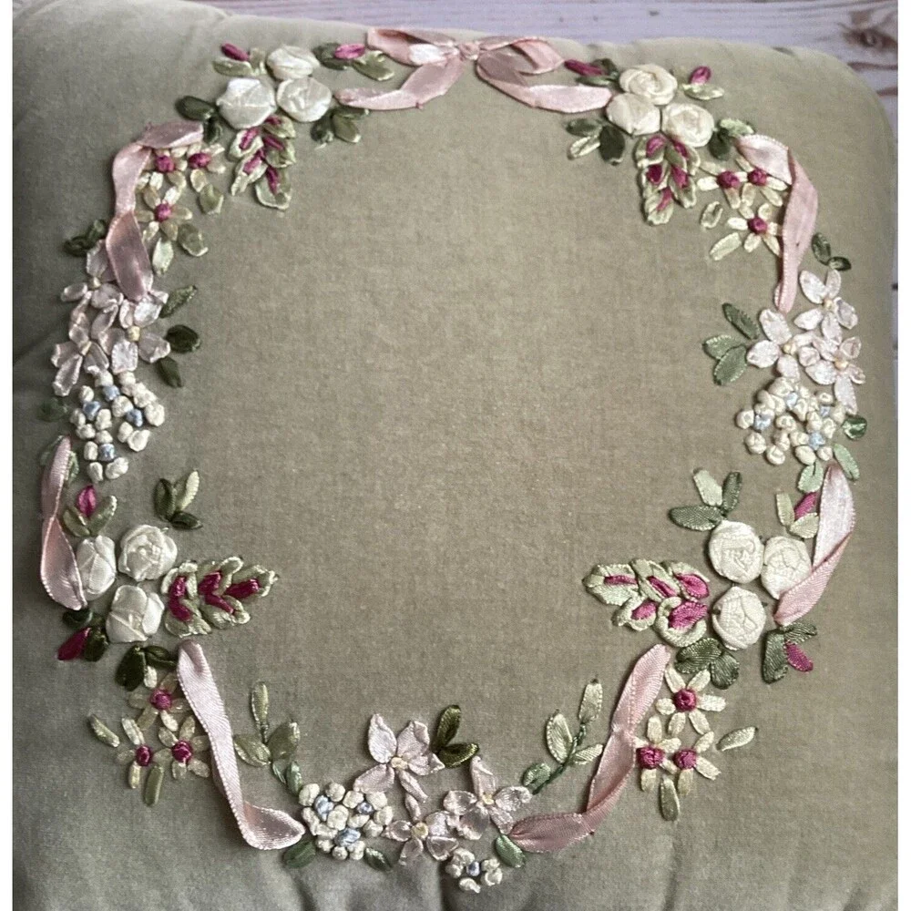 Vintage Velvet Olive Green Ribbon Embroidered Floral Decorative Pillow 12x12